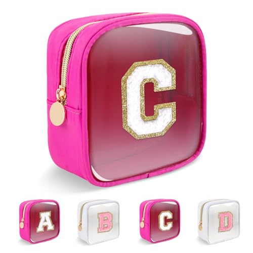 Personalized Initial Letter Clear Preppy Makeup Bag,Mini Nylon Chenille Letter Cosmetic Bag Cute Zipper Pouch Coin Purse for Teen Girls,Portable TSA Approved Travel Essentials Bag Gift for Women,C - color: Mini-Hot Pink, size: C