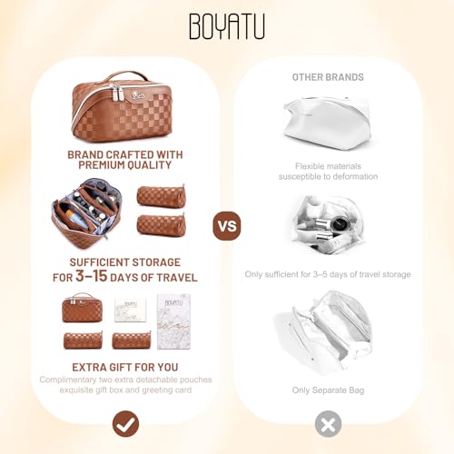 BOYATU Travel Makeup Bag Organizer: 3 Pcs Set Large Capacity Cosmetic Bags Holds 10–20 100ml Full-Size Bottles - 180°Open-Flat Make up Case 3-sec touch-up - Toiletry Bag Gift women (03-A-Brown) - color: 01-F-Brown