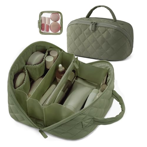 Travel Makeup Bag for Woman,Toiletry Bag Organizer, Wide Open Lay-Flat Water-Resistant Large Cosmetic Case, Puffy Padded Travel Organizer for Toiletries & Brushes Large Capacity with Compartments - color: Green