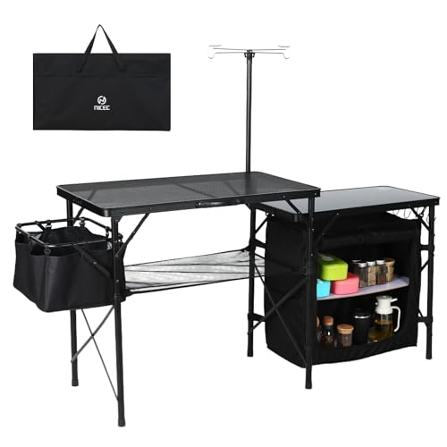 Nice C Camping Kitchen Table, Portable Folding Camp Cook Station, Storage Organizer, with Light Poles, Storage, Side Bag, Side Hooks, for Outdoor, Picnic, Beach, RV Traveling (Black)