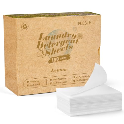 Poesie Laundry Detergent Sheet Lemon Scent 160 Count Non Plastic Travel Laundry Kit No waste Portable Washing Sheets Detergent for Machine Wash & Hand Wash - size: 160 Count (Pack of 1)