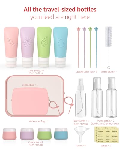 23-Piece All-in-One Silicone Travel Bottles Set – TSA Approved Leakproof Toiletry Kit with Double Bags, Flat Easy-Squeeze Bottles with Tactile Icons, Cream Jars, Pump & Spray, Cleaning Brush - color: 23B-Pink, size: 23