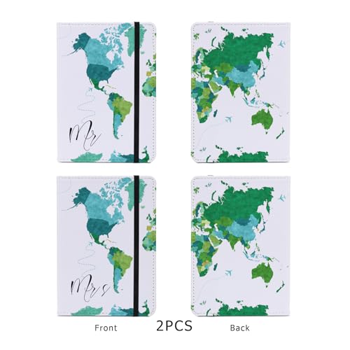 Passport Book Holder,Passport Wallet for Men Mr and Mrs Passport Holder Cover for Women World Map Case for Couples Christmas Traveling Book Protector 2PCS - color: Green Map-Couple 2Pcs