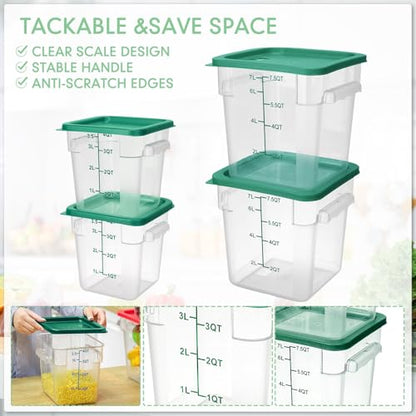 Lallisa 4 Pcs 8qt & 4qt Clear Food Storage Containers with Lids Handles and Scales, Stackable Plastic Square Food Storage Containers for Dough Proofing Baking Kitchen Restaurant(Green) - color: Green