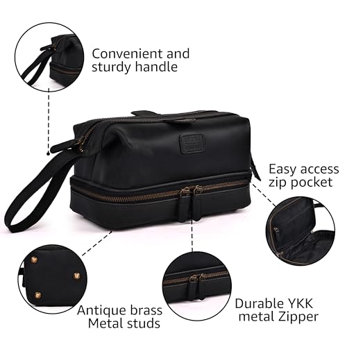 LEATHER VILLAGE Genuine Leather Dopp Kit – Large Travel Toiletry Bag with Waterproof Lining, Dual-Zip Design for Men & Women, Organizer for Shaving, Makeup & Essentials - Black - color: Black