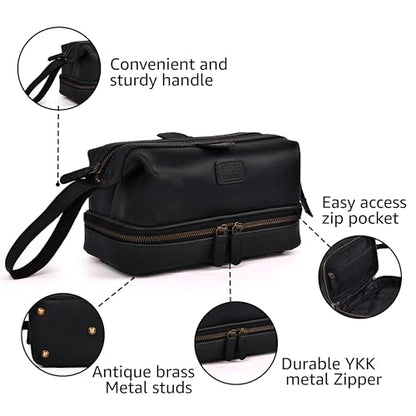 LEATHER VILLAGE Genuine Leather Dopp Kit – Large Travel Toiletry Bag with Waterproof Lining, Dual-Zip Design for Men & Women, Organizer for Shaving, Makeup & Essentials - Black - color: Black