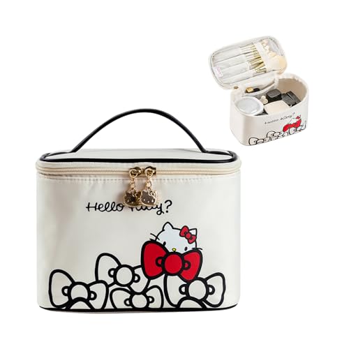 Vimanllie Makeup Bag Large Waterproof Cosmetic Bag with Dedicated Brush Holder,Cute Printed Makeup Organizer for Women Traveling,Portable Toiletry Bag for Girls - color: 3A-Light Beige