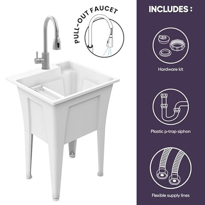 Freestanding Utility Sink with Stainless Steel Gooseneck Faucet - 24" Plastic Utility Sink for Garage, Laundry, Indoor and Oudoor Use - Laundry Tub Kit by Noah William Home - White (19.5 gal) - color: White - Gooseneck faucet