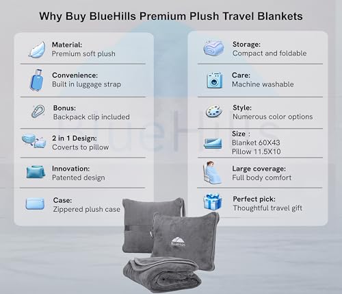 BlueHills Premium Soft Travel Blanket Pillow Airplane Flight Blanket Throw Bag Pillowcase Compact Large 2 in 1 Combo Warm Traveling Plane Essentials Portable Gifts Lightweight Grey Gray T007 - color: Gray-1pk-t007