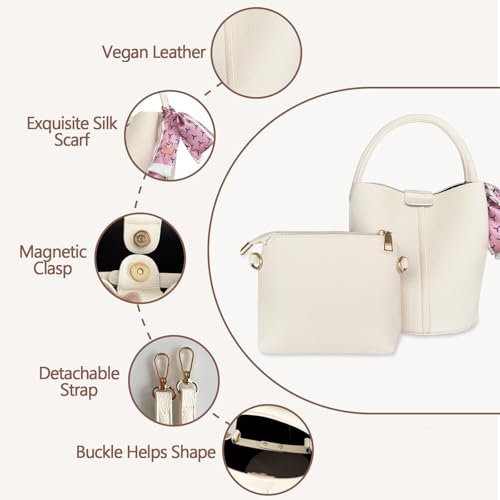 Vegan Leather Bucket Bag for Women Crossbody Bucket Purse with Removable Fashion Bucket Handbag - color: Beige