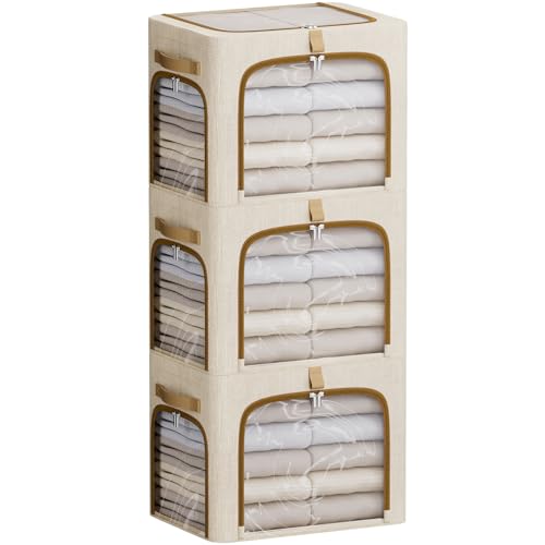 CYhom Clothes Storage Bins with Metal Frame,3 See-Through Windows Openings Clothing Storage Bin,3 Pack Foldable Storage Bins Boxes for Closet (Beige, 43L-16.5 x 12.6 x 12.6IN) - color: Beige, size: 16.5 x 12.6 x 12.6 in