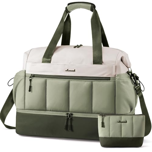 LOVEVOOK Travel Duffel Bag, Weekender Bags for Women, Large Overnight Bags with Shoe Compartment, 47L Carry on Gym Hospital Bag with Wet Pocket, 2 Pcs - color: Beige-Pea green-Olive green, size: Extra Large-2 Pcs