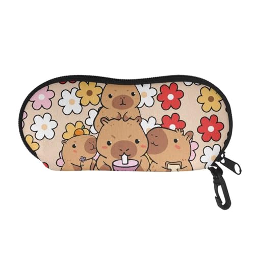 AFPANQZ Glasses Case with Carabiner Hanging Portable Neoprene Zipper Sunglasses Case Soft Lightweight - color: Capybara Hippie Flower