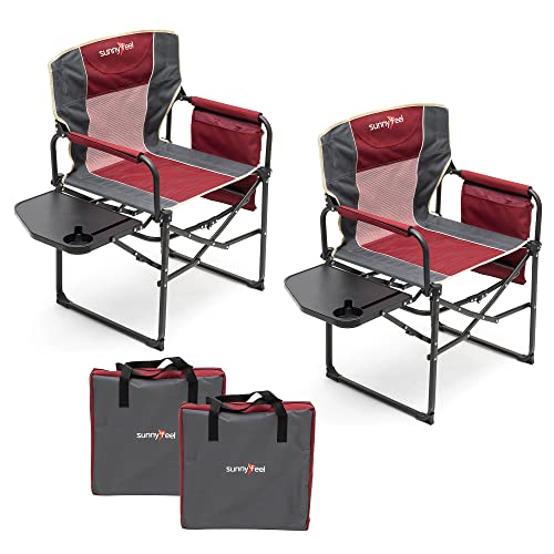 SUNNYFEEL Camping Directors Chair, Heavy Duty,Oversized Portable Folding Chair with Side Table, Pocket for Beach, Fishing,Trip,Picnic,Lawn,Concert Outdoor Foldable Camp Chairs - color: Red-2set