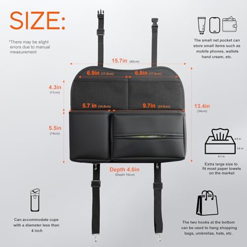 Leather Car Seat Back Organizer with Tissue Holder, Water Bottle Holder, Phone Holder for Road Trips. (Black) - color: Black