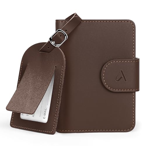 ALLIVE Genuine Leather Passport Holder for Travel with Hidden AirTag Pocket, RFID Blocking Passport Travel Wallet with Luggage Tag & Premium Gift Box, Holiday Gift for Women and Men (Coffee Brown) - color: Coffee Brown, style: Gift Box Set
