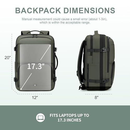 BAGOK Carry On Travel Backpack, 35L-40L Expandable Extra Large Airline Approved,Lightweight Daypack for Men and Women（Green） - color: Green, size: Large