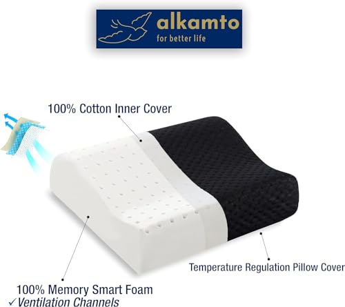 alkamto Travel & Camping Comfortable Memory Foam Pillow – Easy to Carry Portable Bag – Temperature Regulating Pillow Case (Black Contour + Extra Cover) - size: Black Contour Travel + Extra Cover