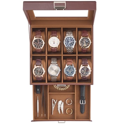 ProCase Watch Case, Fathers Day Gift for Dad, 8 Slot Mens Watch Box Holder Organizer with Glass Lid, 2-Layer Watches Display Case, Mens Jewelry Box with Drawer -8 Slot, Espresso - color: Espresso, size: 8-Slot
