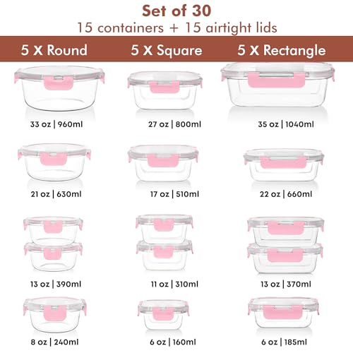 Razab 30 PC Glass Food Storage Containers with Lids - Reusable Glass Meal Prep Containers for Lunch and Leftovers - Airtight & Leakproof Snap Locking Lids - Oven, Freezer, Microwave, Dishwasher Safe - color: Pink