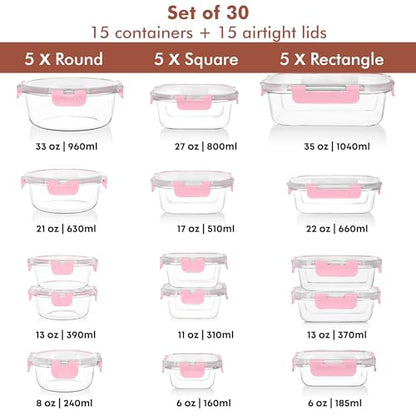 Razab 30 PC Glass Food Storage Containers with Lids - Reusable Glass Meal Prep Containers for Lunch and Leftovers - Airtight & Leakproof Snap Locking Lids - Oven, Freezer, Microwave, Dishwasher Safe - color: Pink