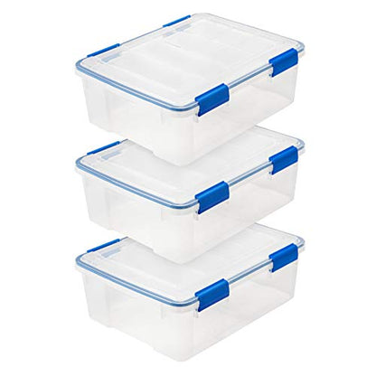IRIS USA WeatherPro 27 Qt Storage Bins with Lids, 3 Pack, BPA-Free Plastic Gasket Box with Tight Latch and Seal, Stackable Nestable Tote Tub - Clear/Blue - size: 27 Qt. - 3 Pack
