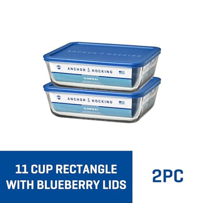 Anchor Hocking 11-Cup Glass Storage Containers with Lids, Set of 2 Glass Food Storage Containers with Blueberry SnugFit Lids