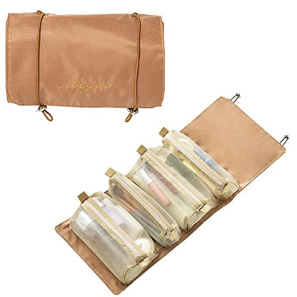 Roll Up Makeup Bag, Hanging Toiletry Bag, 4 in 1 Detachable Cosmetic Bag, 4 Removable Storage Bags, Travel Makeup Organizer Bags for Women Men(Khaki) - color: Khaki