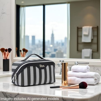 BOYATU Travel Makeup Bag Cosmetic Bag for Women: 3 Pcs Set Striped Make up Bag with Compartments - Waterproof Vegan Leather Toiletry Bag with Handle - Makeup Organizer for Travel Essentials(A-4-Black) - color: A-4-Black