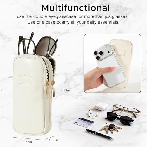 KINIVA Double Eyeglass Case for Men Women, 2-in-1 PU Dual Sunglasses Case, Scratch-Proof Travel Eyeglass Holder for Purse Car - style: White Smooth