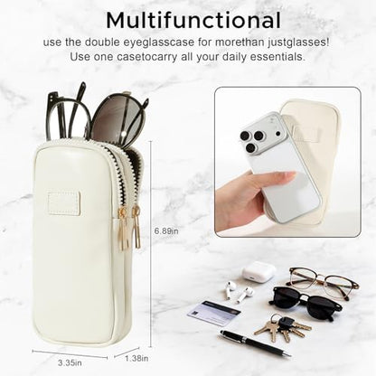 KINIVA Double Eyeglass Case for Men Women, 2-in-1 PU Dual Sunglasses Case, Scratch-Proof Travel Eyeglass Holder for Purse Car - style: White Smooth