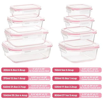 Vtopmart 8 Pack Glass Food Storage Containers with Airtight Lids, Glass Meal Prep Containers, Lunch Containers for Microwave, Oven, Freezer and Dishwasher, BPA Free - color: Pink