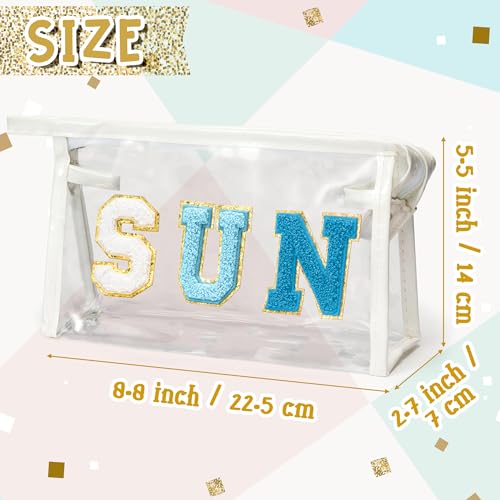 Y1tvei Clear SUN Makeup Bag - Preppy Blue SUN Chenille Varsity Letter Cosmetic Bag PVC Transparent Zipper Waterproof Beach Makeup Pouch Carry On Portable Travel Toiletry Organizer for Women(White) - color: Blue SUN White
