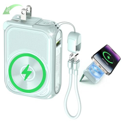 SEANCHEER P05 Portable Charger, Magnetic Power Bank, Small PowerBank, Battery Pack10000mAh Travel Essentials Fast Charging with Built in Cable, Foldable Wall Plug for iPhone,Samsung,Andriod (Green) - color: Green