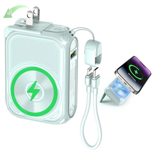 SEANCHEER P05 Portable Charger, Magnetic Power Bank, Small PowerBank, Battery Pack10000mAh Travel Essentials Fast Charging with Built in Cable, Foldable Wall Plug for iPhone,Samsung,Andriod (Green) - color: Green