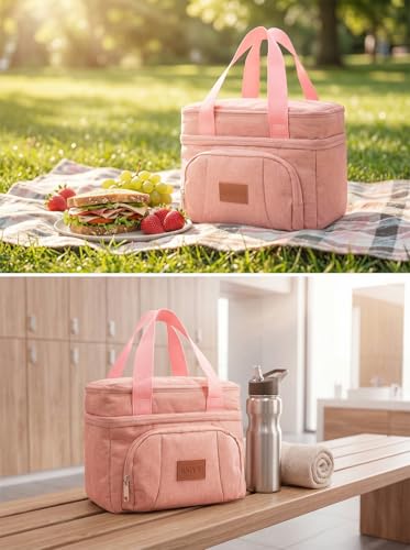 Rnivvi Lunch Box for Women, Double Decker Insulated Cooler Bag Lunch Bag Reusable Leakproof Tote Lunch Container with Strap for Work Family Picnic Hiking Camping, 18 Cans 12L, Large Adults, Pink - color: Pink