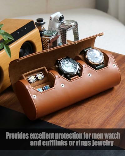 Watch and Cufflink Box Organizer Case for Men, Cufflink Watch Case Travel Roll, Portable 2 Slot Watch and Cufflink Display Storage with Velvet to Holder Large Watch, Cufflink Ring Travel Case - color: Light Brown 2 Slot Watch and 1 Slot Cufflink box