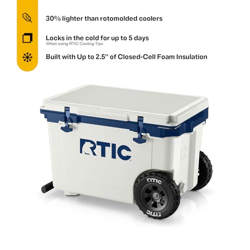 RTIC 52 Quart Ultra-Light Wheeled Hard Cooler Insulated Portable Ice Chest Box for Beach, Drink, Beverage, Camping, Picnic, Fishing, Boat, Barbecue, 30% Lighter Than Rotomolded Coolers - color: Cool Grey & Navy
