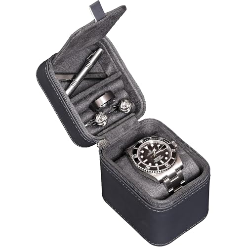 ROTHWELL Single Watch Travel Case with Accessory Compartment | Compact PU Leather Protective Box with Microsuede Interior | Fits Watches & Smartwatches Up to 55mm | Accessory Lid for Jewelry (Carbon) - color: Carbon - w/ Accessory Lid