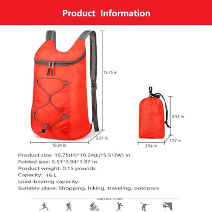 levayhill 16L Foldable Hiking Backpack,Small Packable Daypack,Red | Lightweight ,Outdoor Collapsible Rucksack,Ultralight Folding Back Pack, Water Repellent, Men Women Travel Gym, Easy Carry-on - color: Red