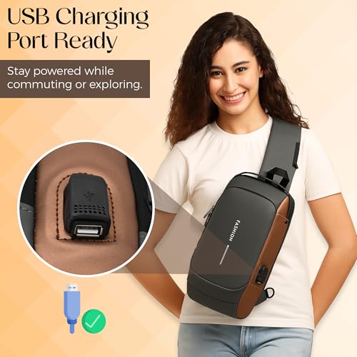 Unisex Anti-Theft Sling Bag with USB Port, Water-Resistant Crossbody Chest Backpack for Travel & Work - color: Grey & Golden
