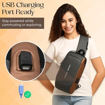 Unisex Anti-Theft Sling Bag with USB Port, Water-Resistant Crossbody Chest Backpack for Travel & Work - color: Grey & Golden