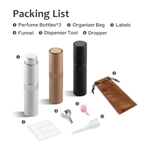 LISAPACK 8ML Atomizer Perfume Spray Bottle for Travel (3 PCS) Empty Cologne Dispenser, Portable Sprayer (Black, Silver, Brown) - color: 3 Color7