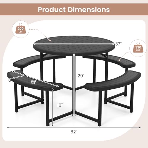 Tangkula 8 Person Picnic Table, HDPE Outdoor Round Table and Bench Set with 4 Built-in Benches, Umbrella Hole, Metal Frame for Garden Yard Patio Lawn - color: Black