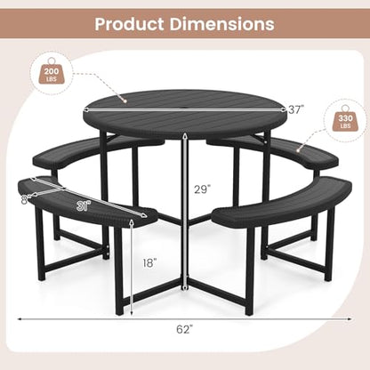 Tangkula 8 Person Picnic Table, HDPE Outdoor Round Table and Bench Set with 4 Built-in Benches, Umbrella Hole, Metal Frame for Garden Yard Patio Lawn - color: Black