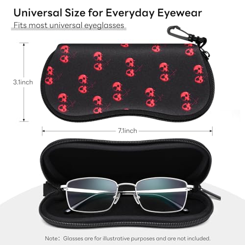 Sunglasses Case with Belt Clip, Ultra Light Neoprene Zipper Soft Padded Glasses Case for Women Men - color: Cherry Skull
