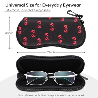 Sunglasses Case with Belt Clip, Ultra Light Neoprene Zipper Soft Padded Glasses Case for Women Men - color: Cherry Skull