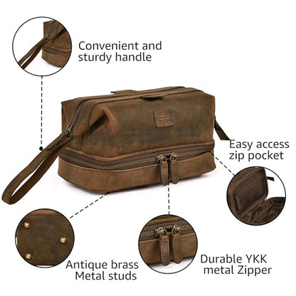 LEATHER VILLAGE Genuine Leather Dopp Kit – Large Travel Toiletry Bag with Waterproof Lining, Dual-Zip Design for Men & Women, Organizer for Shaving, Makeup & Essentials - Brown - color: Brown