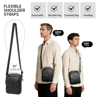 Augus Leather Small Messenger Bag For Men Crossbody Handbag Shoulder Sling Travel Bags for Men Purse Daypack Magnetic Buckle - color: Black-1
