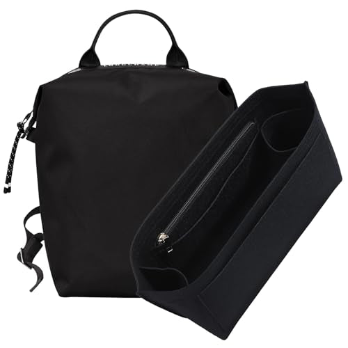 Purse Organizer Insert for Longchamp Le Pliage L Backpack, Felt Lightweight Long Champ Large Backpack Divider Shaper with Cup Holder,Zipper Bags Inner Linner with 8 Deepened Pockets,L/Black - color: Black, size: L Backpack